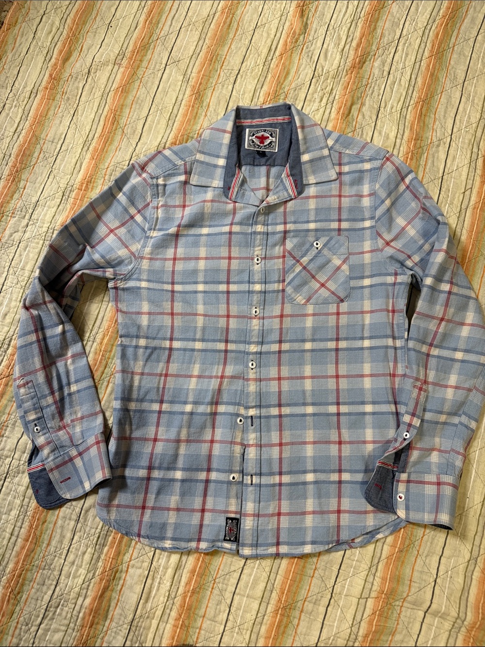 Desert Son Men's Light Blue Plaid Button-Down Shirt with Red Accent size small